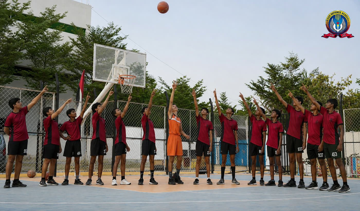 Students playing basketball on the campus court