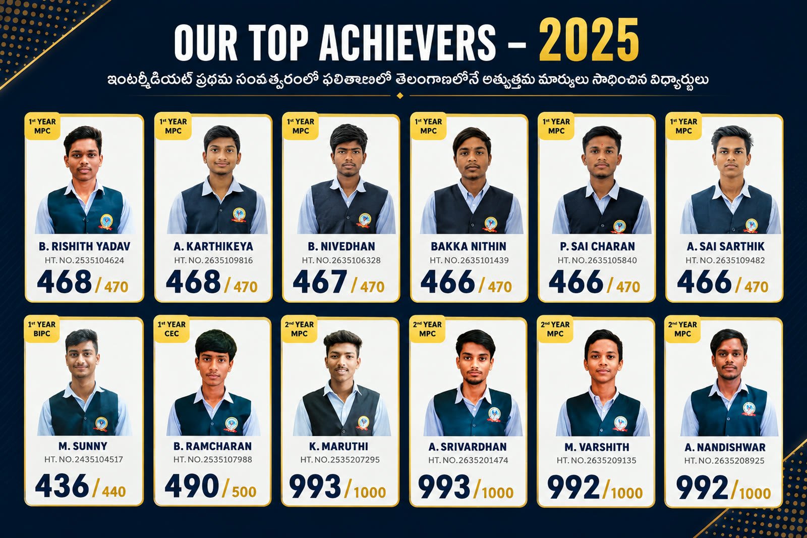 Our Top Achievers 2025 — twelve Tejas students with their Intermediate marks and hall ticket numbers, top scores 468/470 and 993/1000